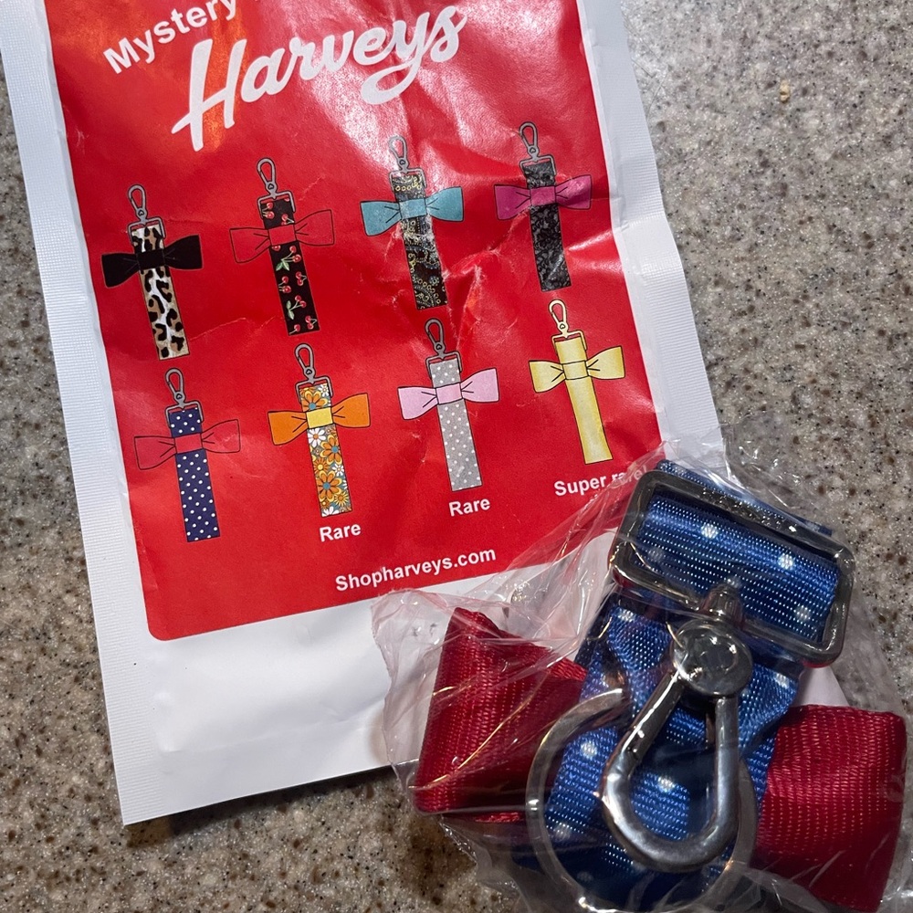 NIP Harveys Seatbelt blue polka dot Mystery Bow Keychain